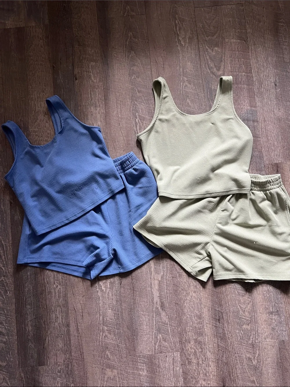 Ribbed Tank and Shorts Set - Blue & Olive - Picture 1 of 3
